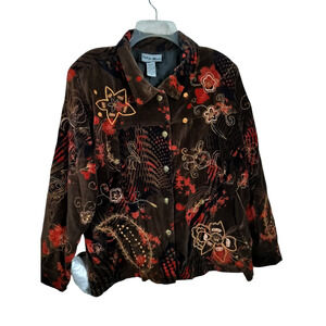 3516)Indigo Moon Brown Red Velvet Button Up Long Sleeve Boho Soft Jacket Plus 1X
